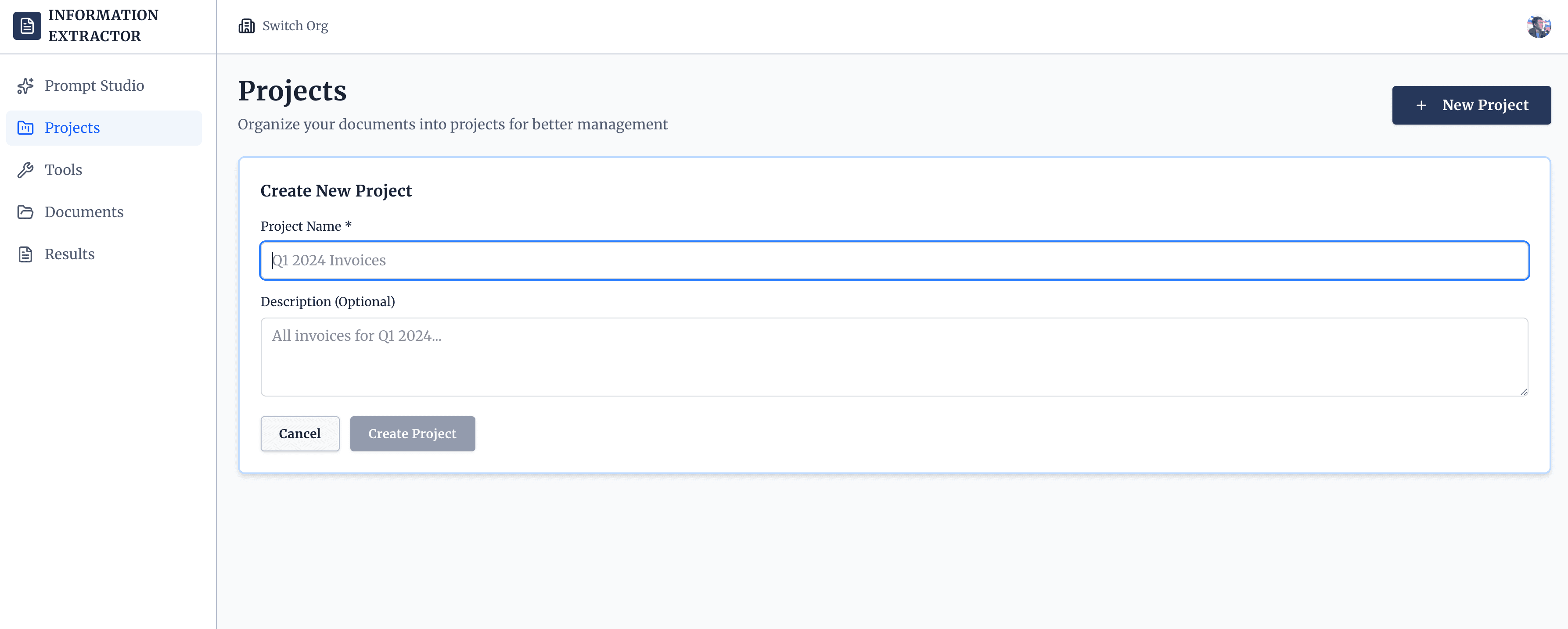 Creating a new project in the Projects page