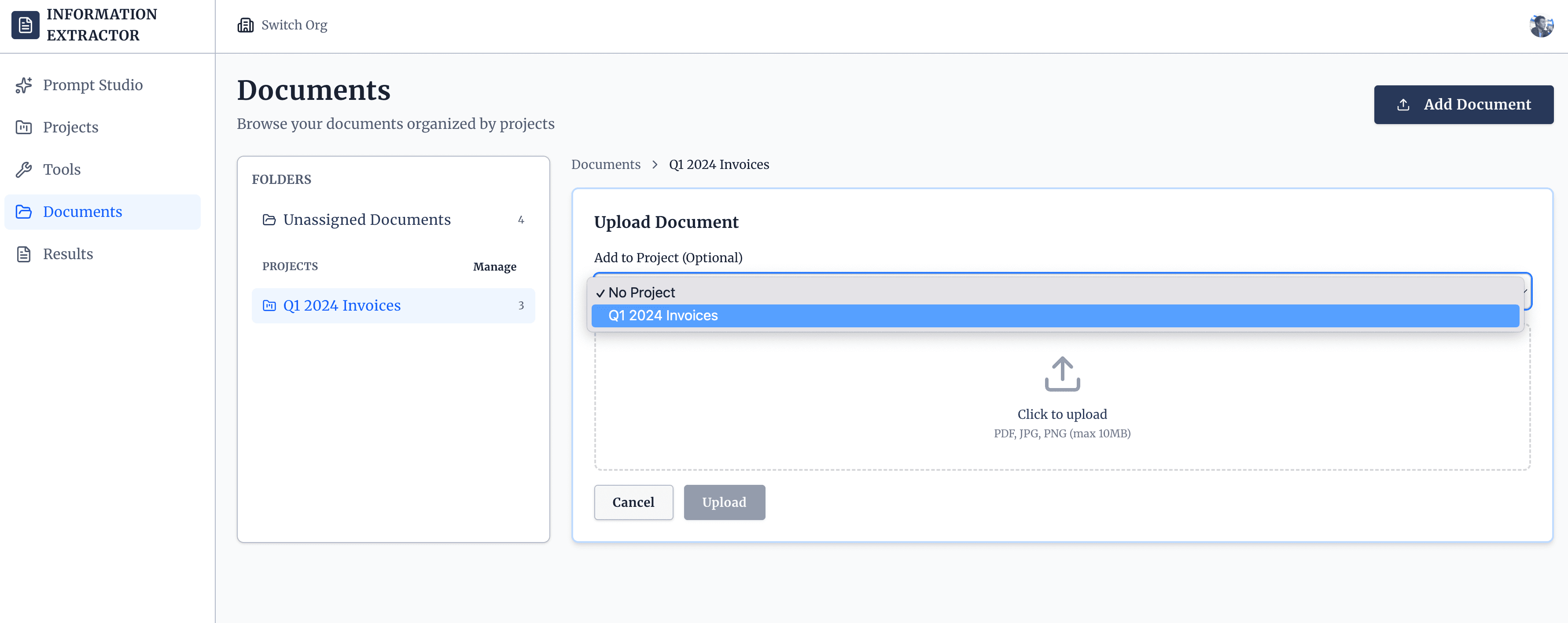 Uploading multiple documents to a project using drag-and-drop
