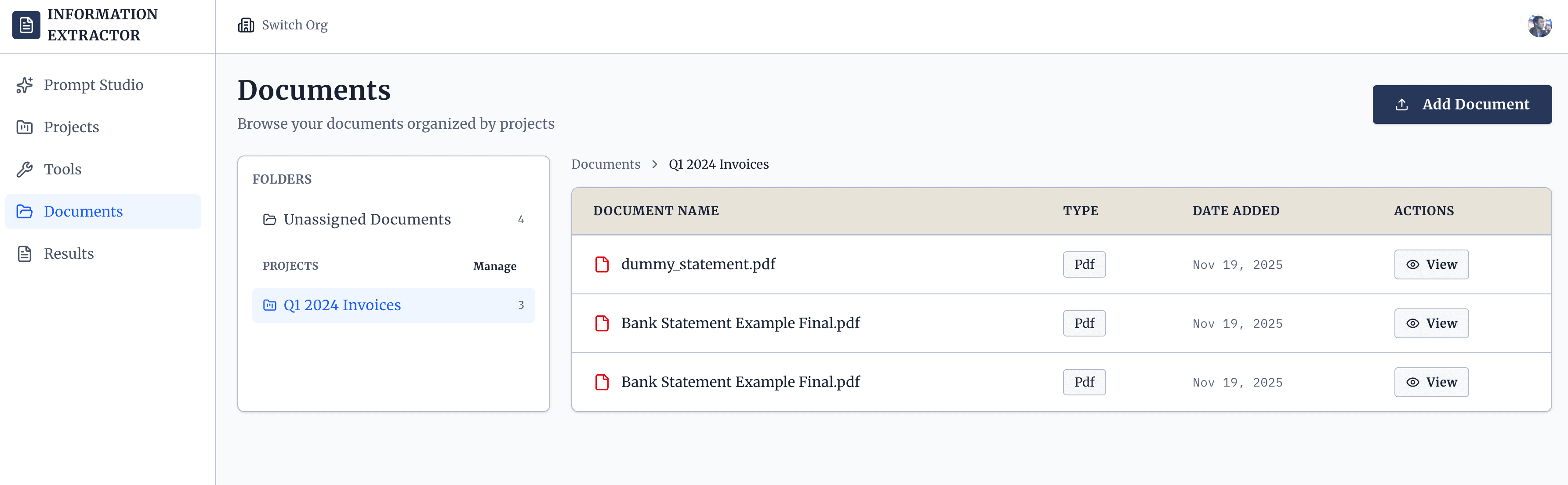 Document structure showing all files organized in a project