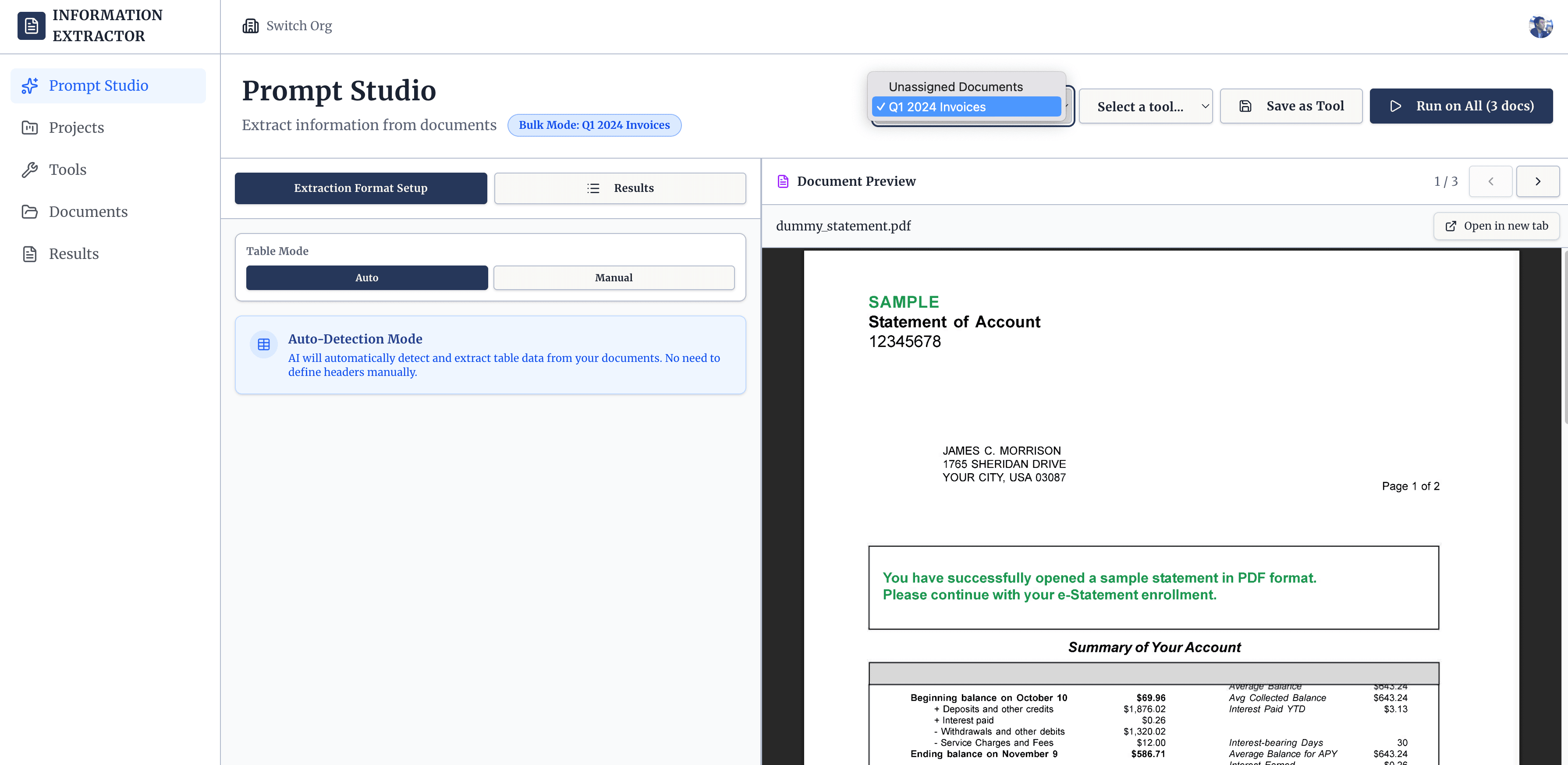 Selecting a project in Prompt Studio to process multiple documents