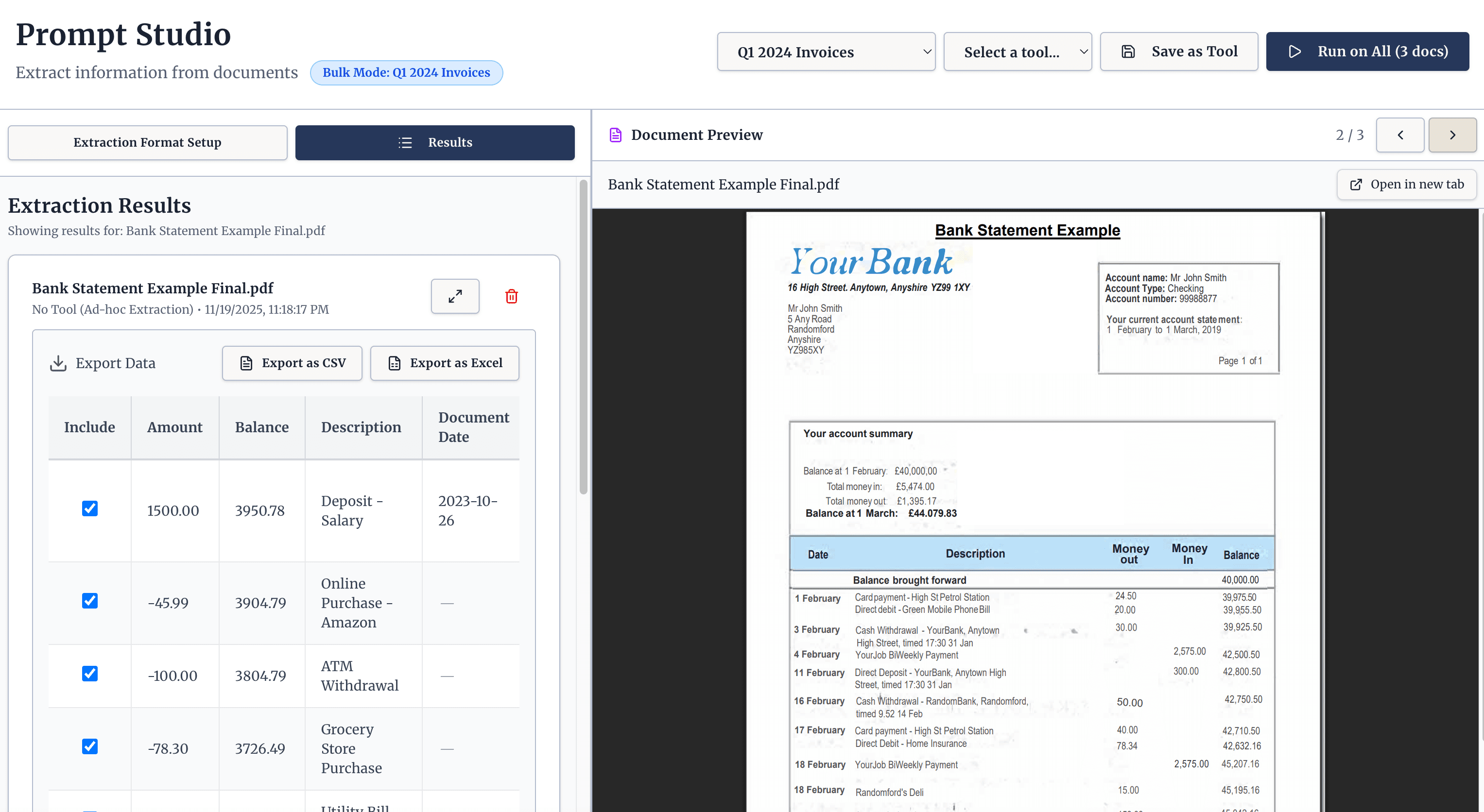 Bulk extraction results showing data from multiple documents