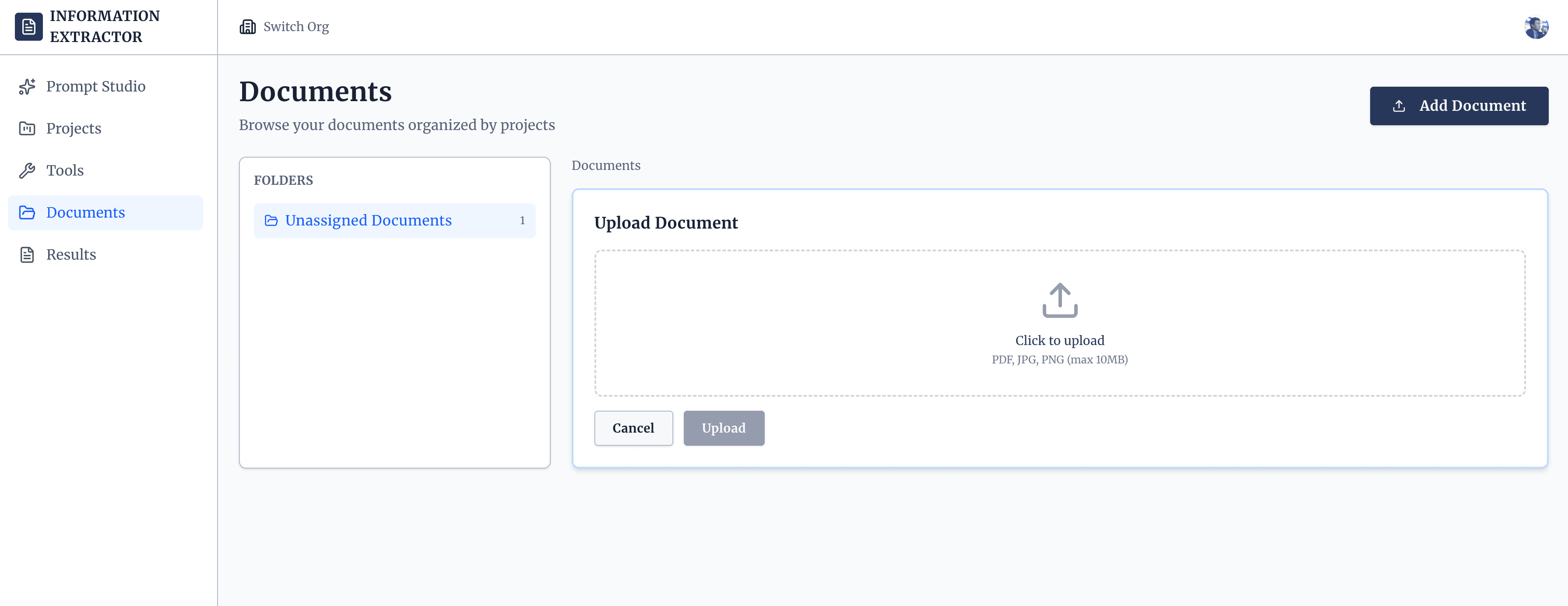 Document upload interface showing drag-and-drop functionality