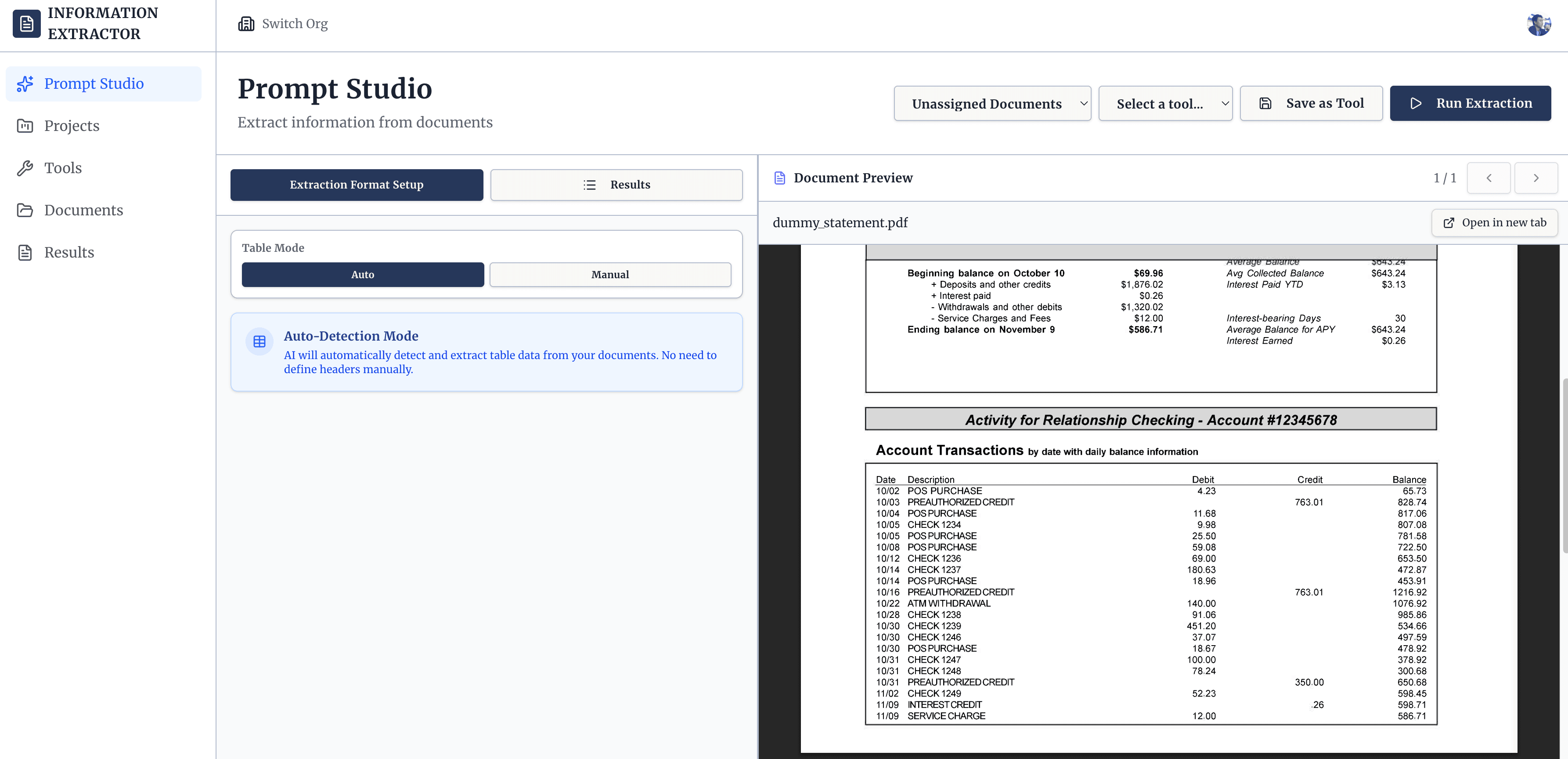 Prompt Studio interface for choosing documents and extraction tools