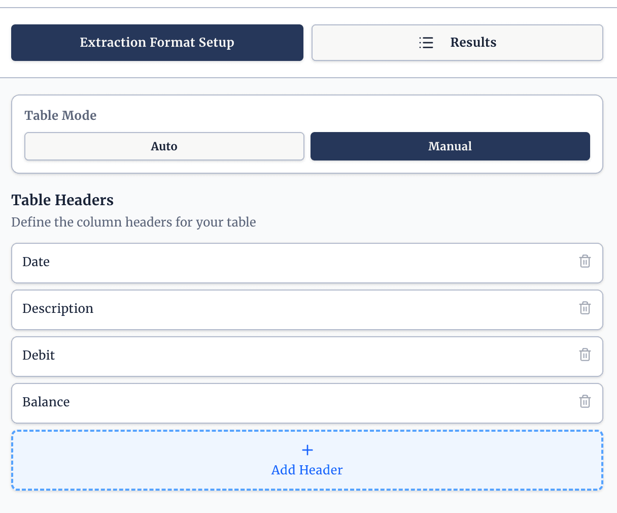 Setting up extraction keys in auto or manual mode