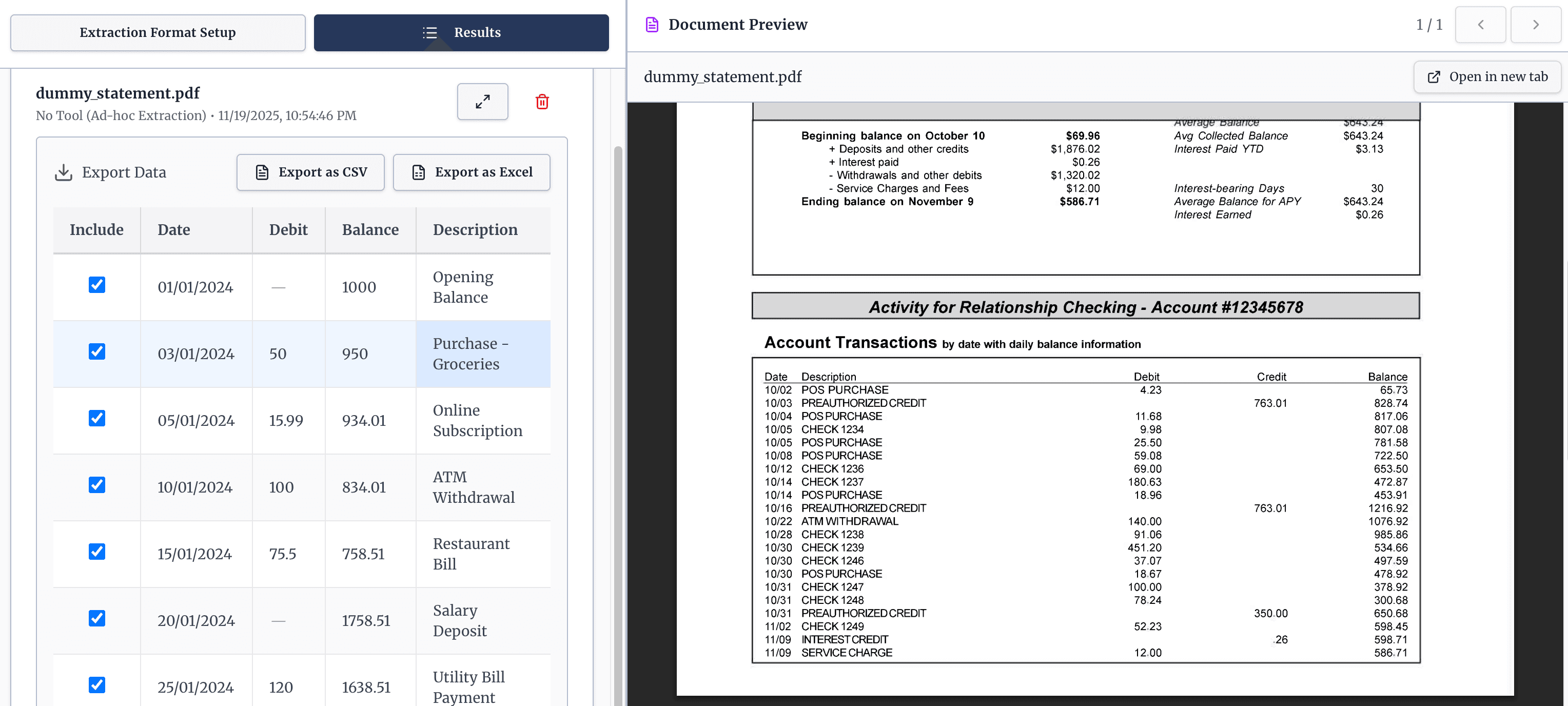 Extraction results showing extracted data in structured format